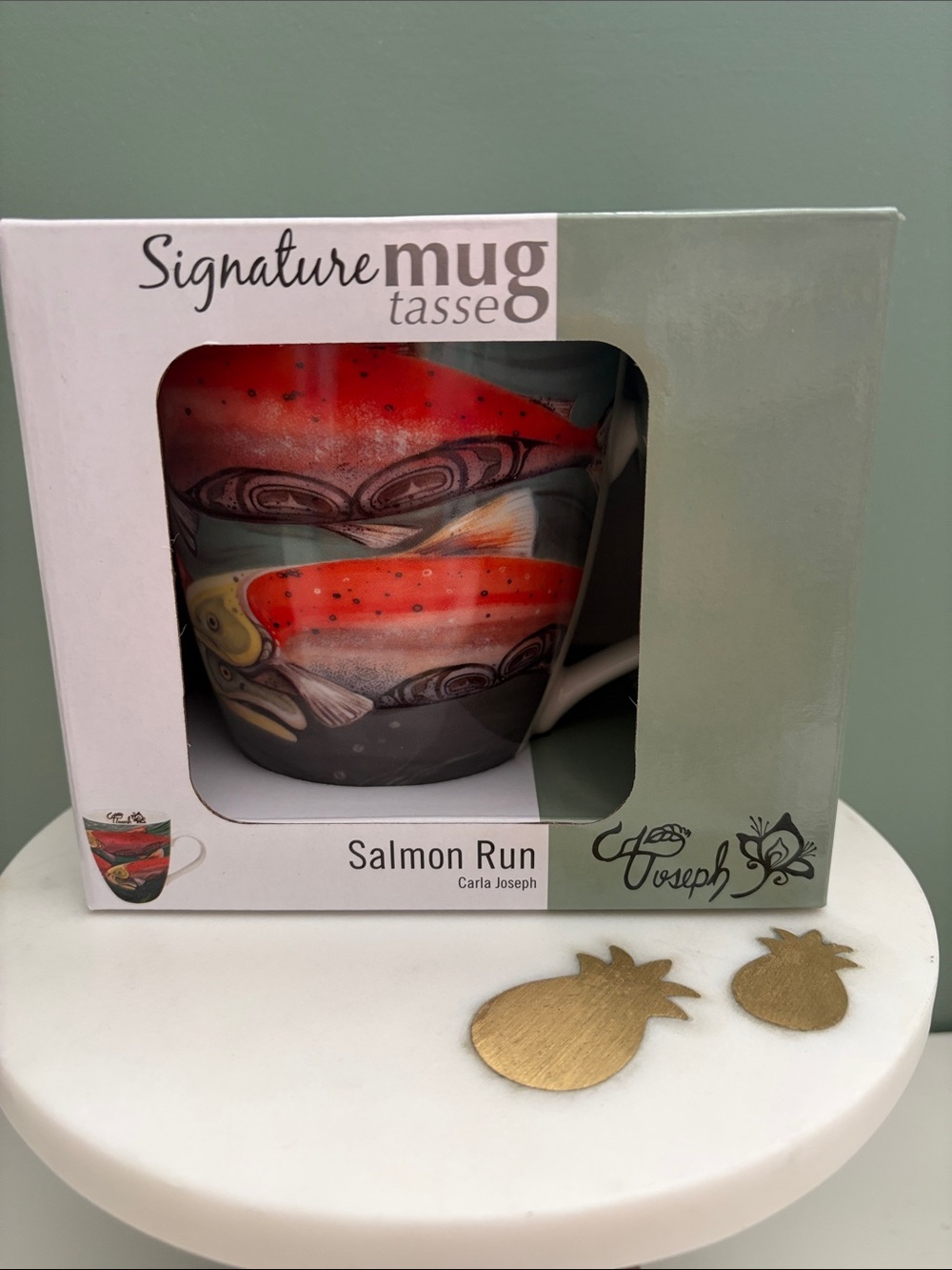 Signature 'Salmon Run' Ceramic Coffee Cup - Red & Gray NIB